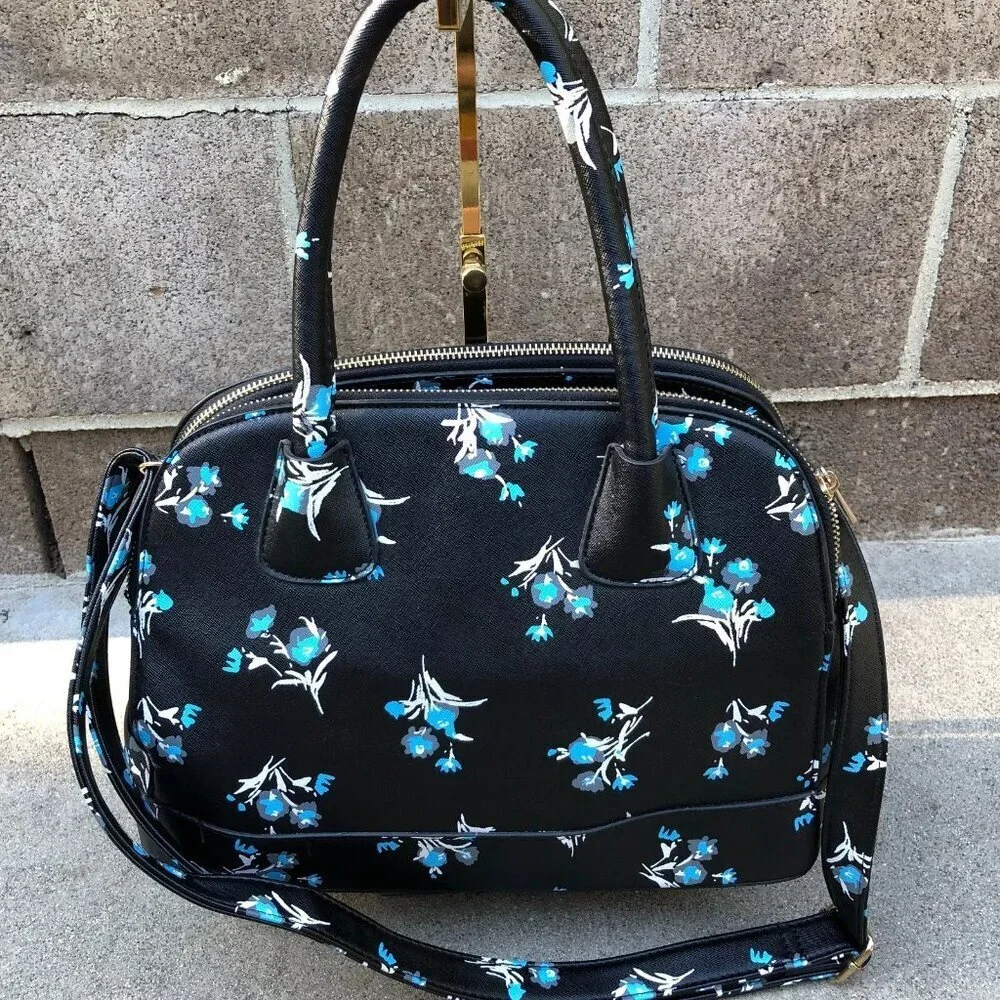 Faux Leather Purse Shoulder Top Handle Bowling Bag Black Floral 3 Compartment​​ - Picture 2 of 16